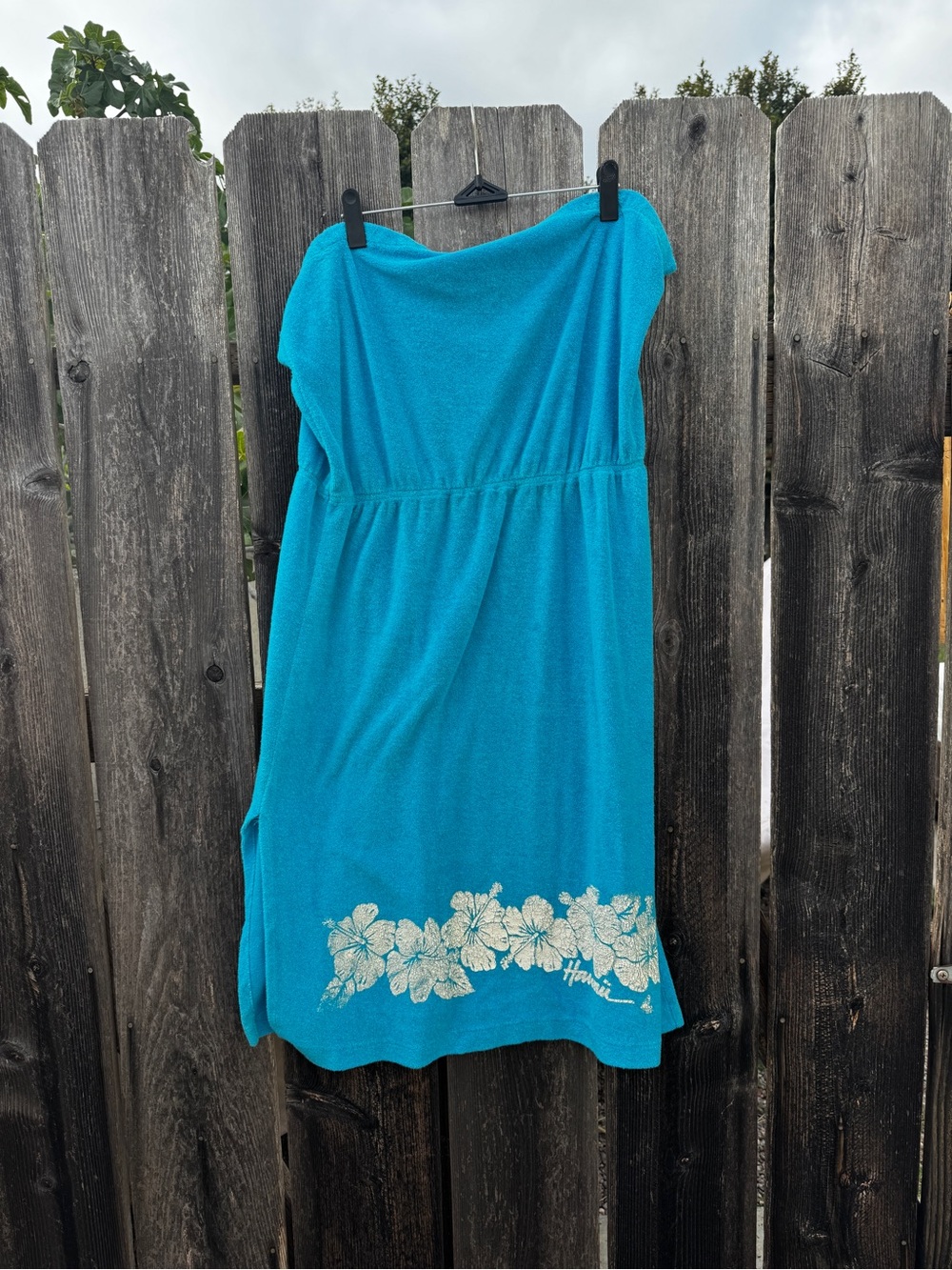 Vintage Y2K Blue Strapless Floral Hawaiian Plumeria Terry Cloth Dress Coverup